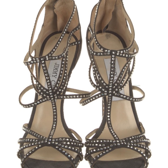 Jimmy Choo Gray Leather Vendetta Crystal Embellished Strappy Heel Sandals - Picture 10 of 11